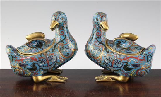 A pair of Chinese gilt copper and cloisonné enamel duck boxes and covers, 19th / 20th century, length 16.5cm